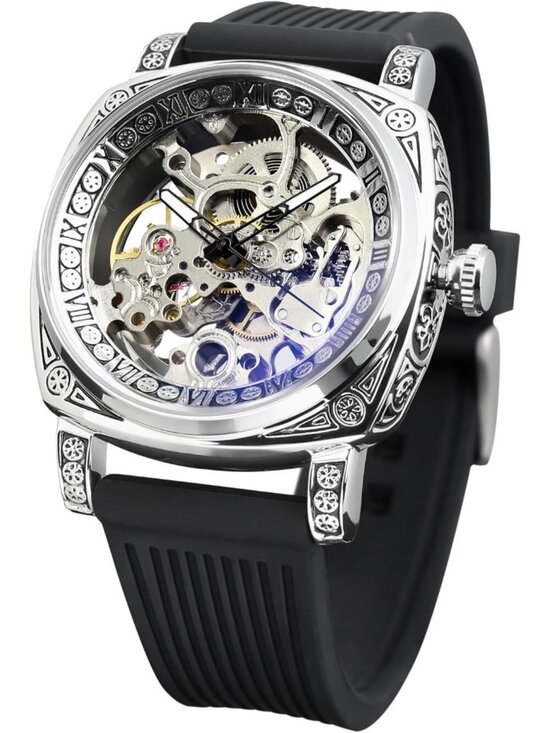 Other - Men's Black Square Mechanical Rubber Buckle Self-Wind Carved Automatic Watch